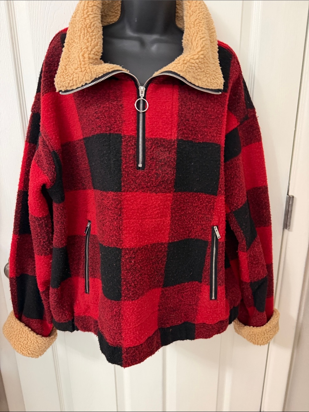 Kids Red & Black Buffalo Plaid Sherpa Jacket with Tan Trim
